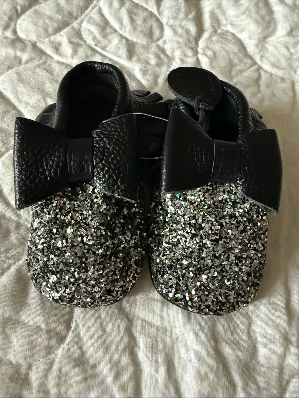 Handmade Black Leather with Glitter Bow Moccasin Booties